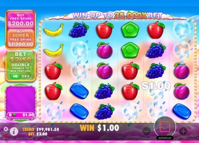 Базовая игра слота Sweet Bonanza с фруктами и конфетами на сетке 6x5