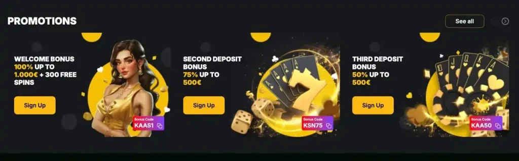 Kaasino-Aktionsbanner mit Willkommensbonus und Bonuscodes