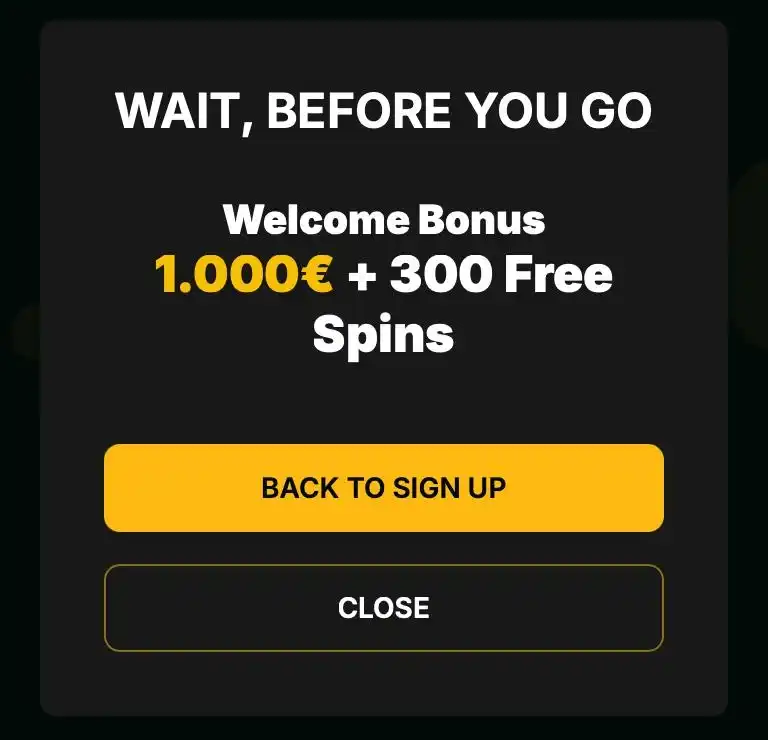 Kaasino Exit Popup mit Willkommensbonus €1000 + 300 Freispiele