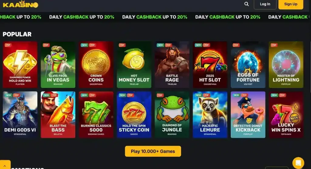 Página principal del casino Kaasino con tragaperras populares y juegos en vivo