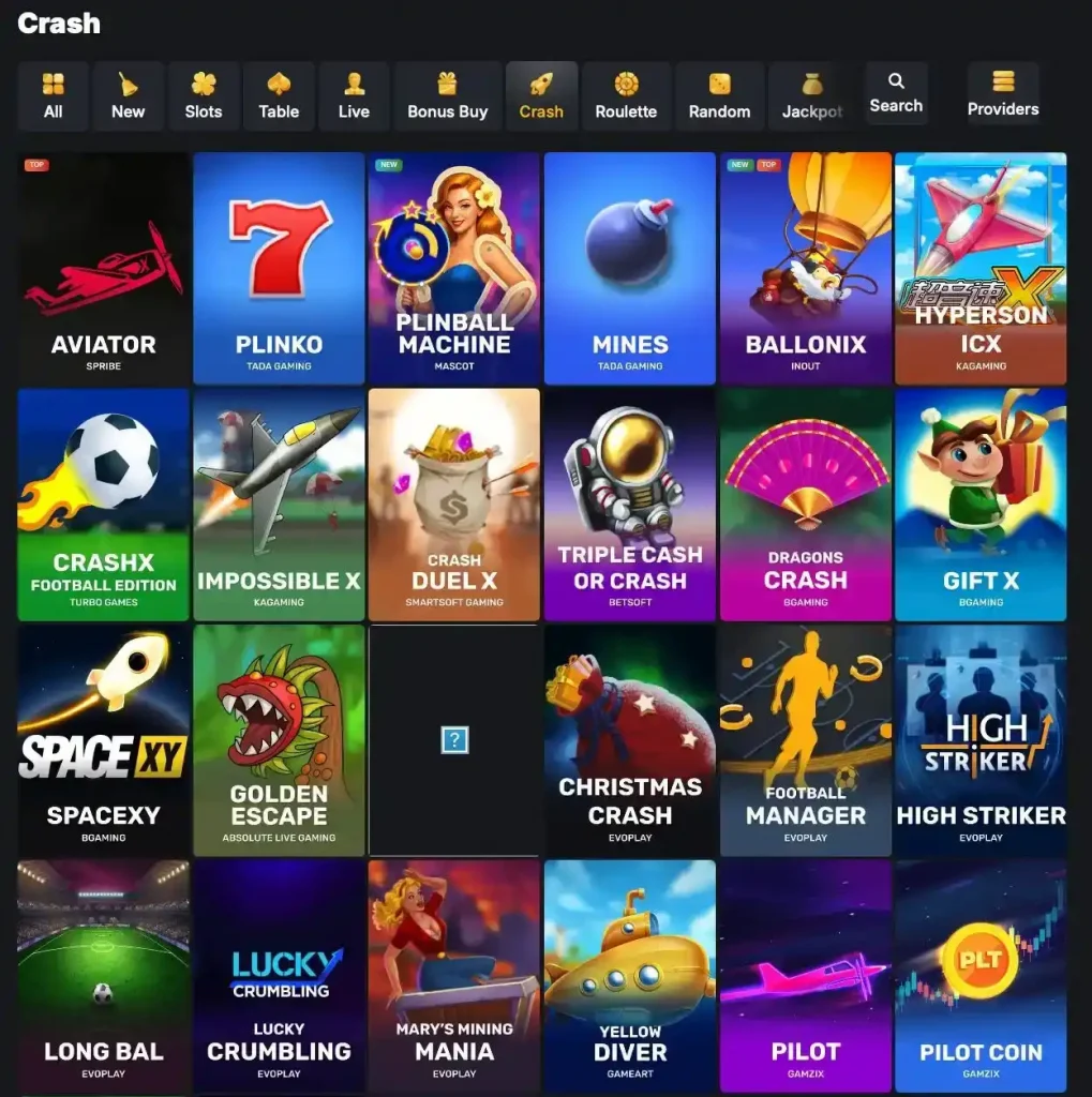 Vestíbulo de juegos de choque de Kaasino con Aviador, Plinko y Minas