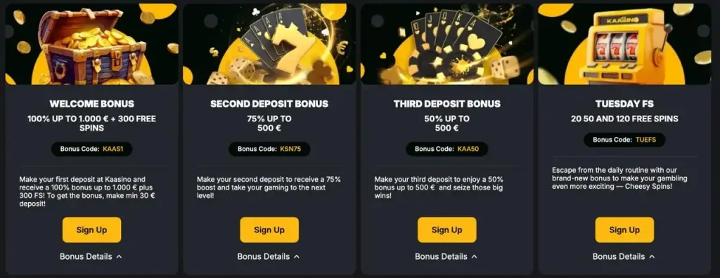 Kaasino-Bonusdetails mit Willkommen, zweiter Einzahlung und Freispielen am Dienstag