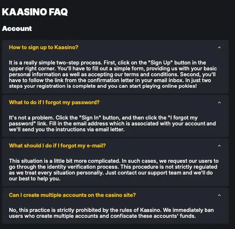 Kaasino FAQ-Seite mit Hilfe zu Ihrem Konto und Informationen zum verantwortungsvollen Spielen