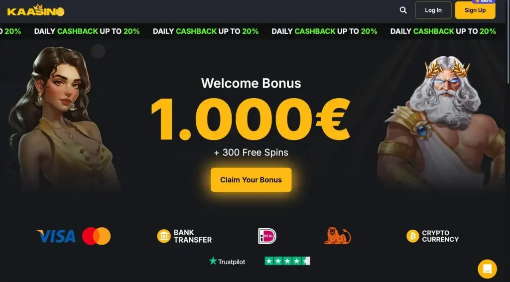 Kaasino Willkommensbonus €1000 und 300 Freispiele anbieten