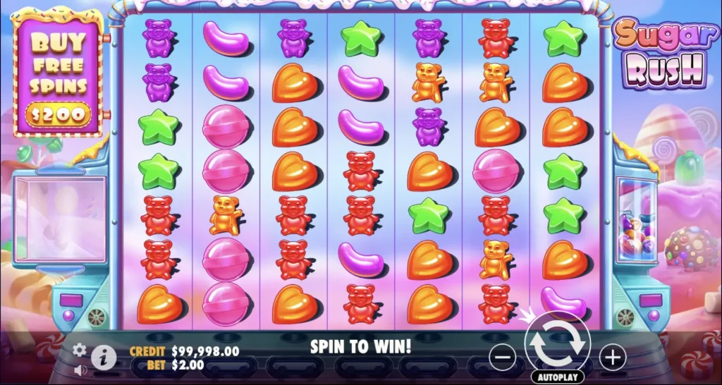 Sugar Rush Slot-Basisspiel mit bunten Süßigkeiten auf einem 7x7-Raster
