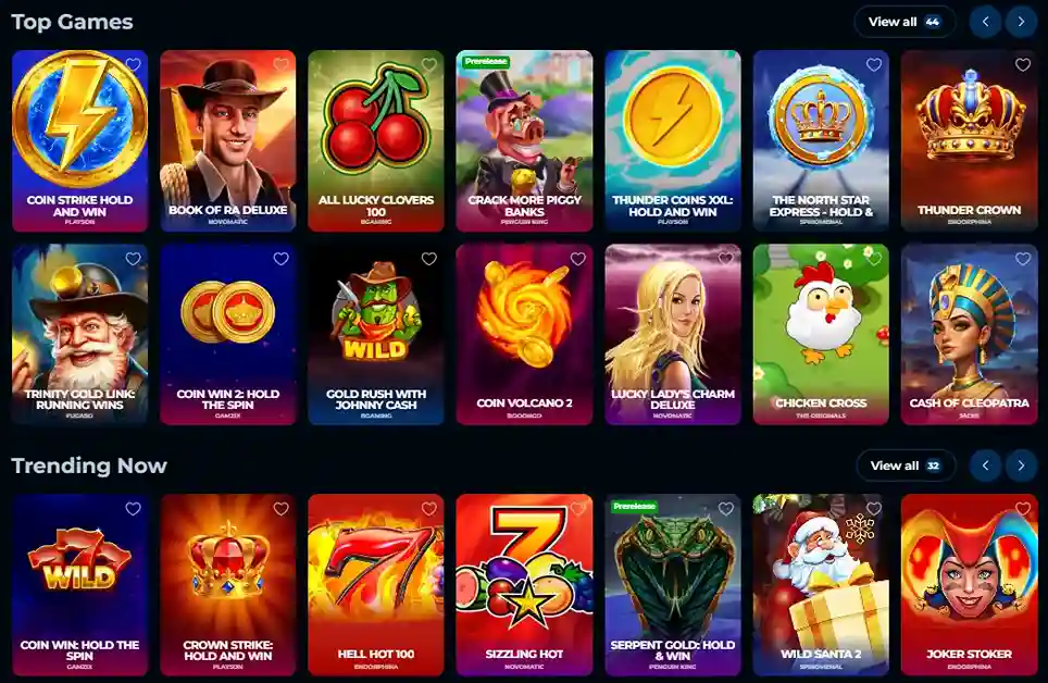 Top slot games at Piper Spin Casino including popular and trending titles