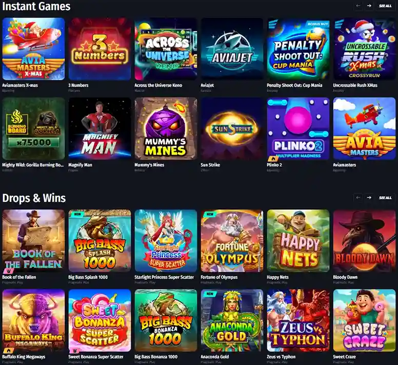 WinShark Casino game library with instant games, drops and wins slots, and crash games